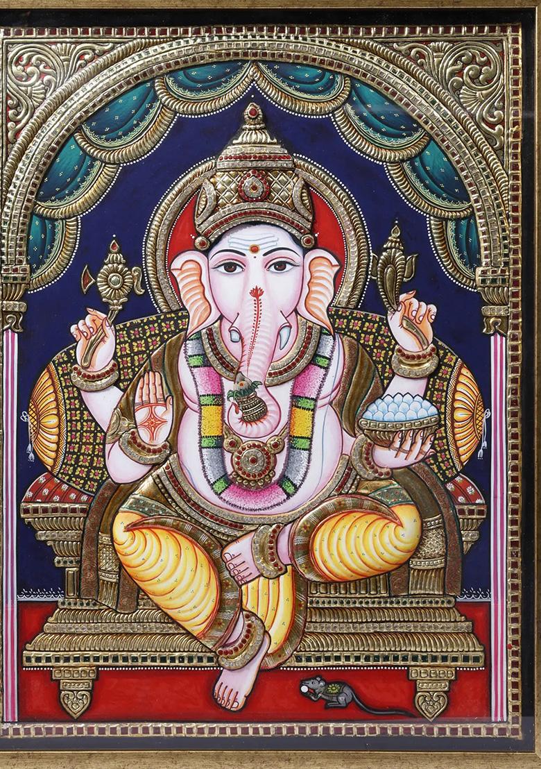 Chaturbhuja Lord Ganesha Tanjore Painting 24K Gold