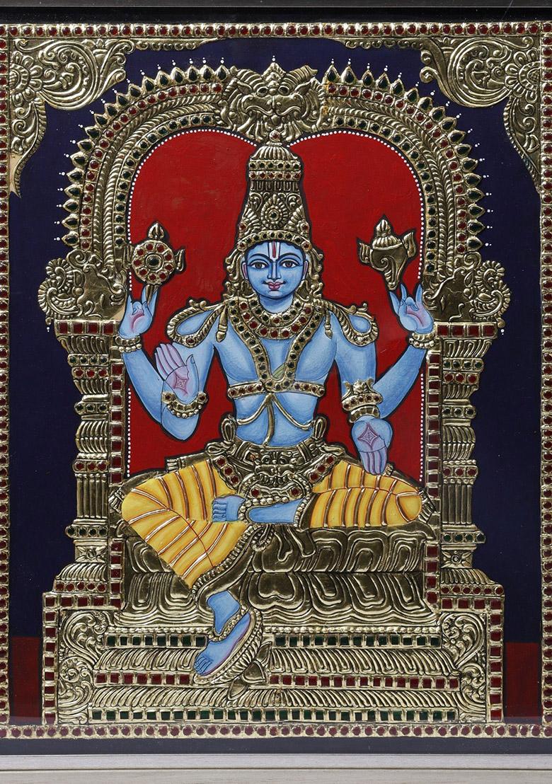 Shri Hari Vishnu On Kirtimukha Throne Tanjore Painting 24K Gold