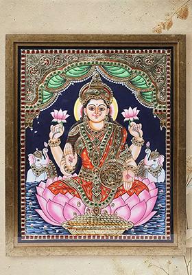Goddess Gajalakshmi On Lotus Tanjore Painting 24K Gold