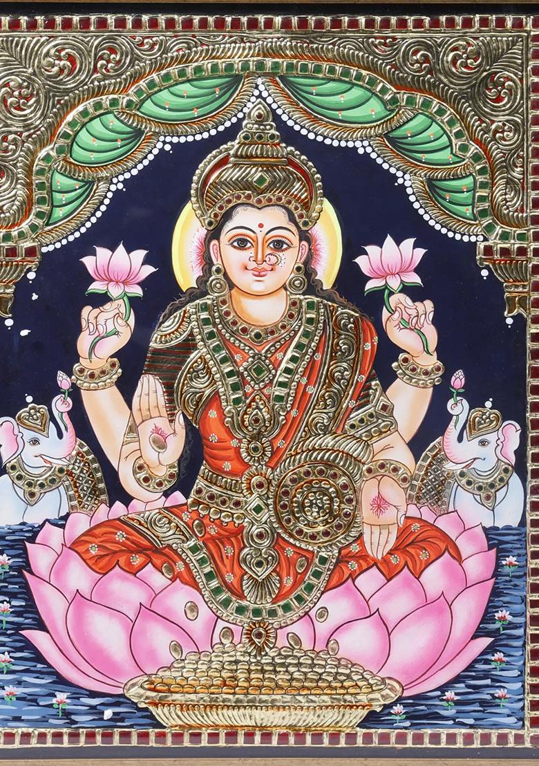 Goddess Gajalakshmi On Lotus Tanjore Painting 24K Gold