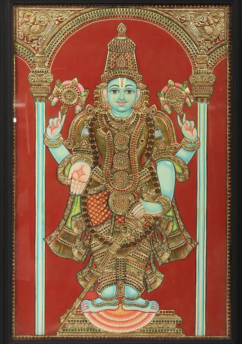 Standing Lord Vishnu Tanjore Painting Divine Art