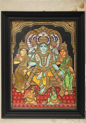 Lord Vishnu With Bhu Devi Shri Devi Tanjore Painting Gold