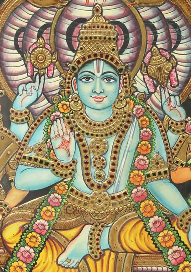 Lord Vishnu With Bhu Devi Shri Devi Tanjore Painting Gold