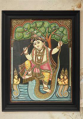 Lord Krishna On Serpent Kaliya Tanjore Painting Gold