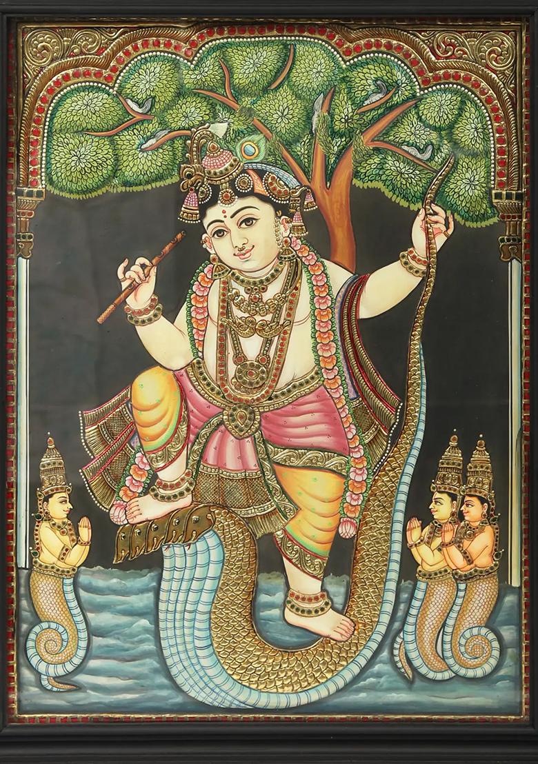 Lord Krishna On Serpent Kaliya Tanjore Painting Gold