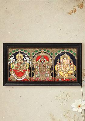 Gajalakshmi Tirupati Balaji Ganesha Tanjore Painting