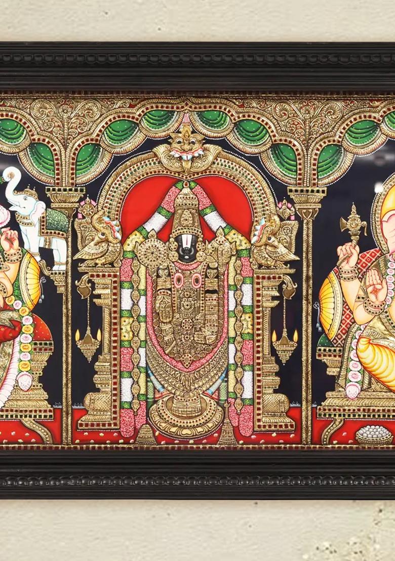 Gajalakshmi Tirupati Balaji Ganesha Tanjore Painting
