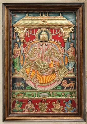 Bhagawan Ganapati Tanjore Painting Vintage Teakwood Frame