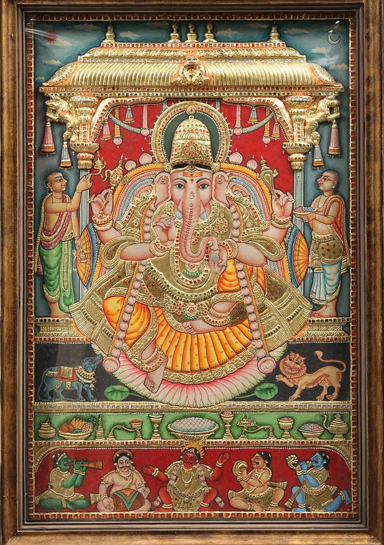 Bhagawan Ganapati Tanjore Painting Vintage Teakwood Frame