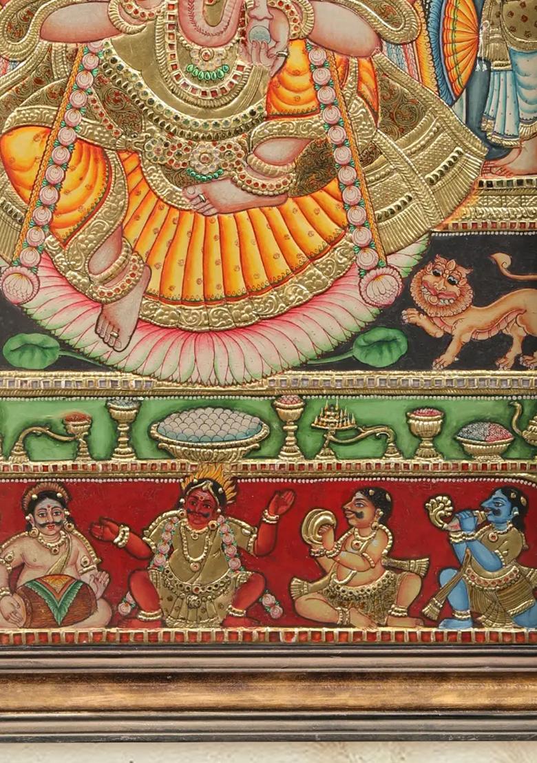 Bhagawan Ganapati Tanjore Painting Vintage Teakwood Frame