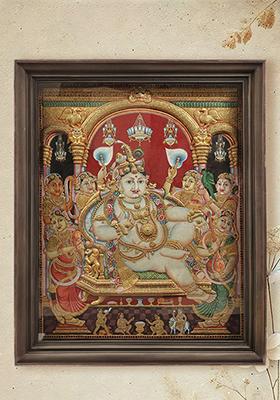Superfine Darbar Krishna Embossed Tanjore Painting With Vintage Teakwood Frame Indian Art