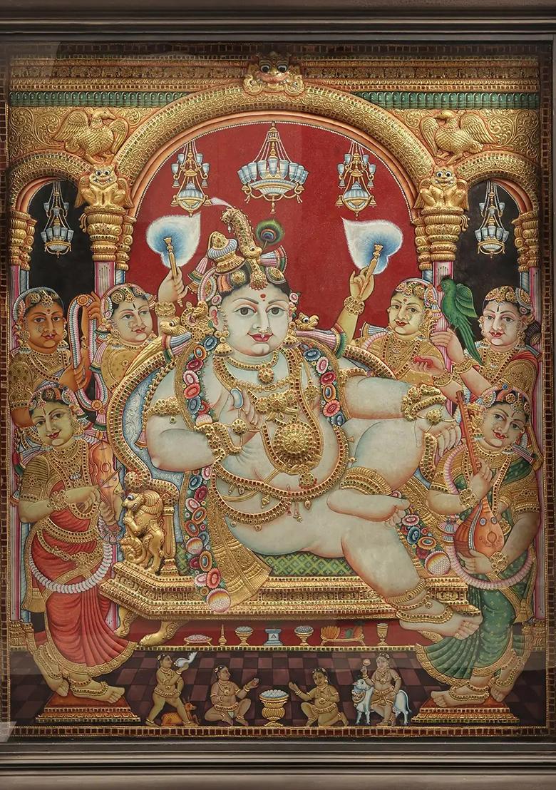 Superfine Darbar Krishna Embossed Tanjore Painting With Vintage Teakwood Frame Indian Art