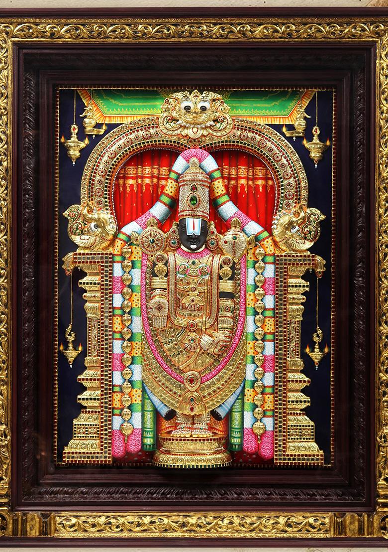 Tirupati Balaji Venkateshvara Tanjore Painting With Light 22 Karat Gold Embossed Artwork