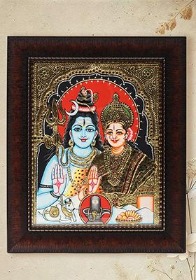 Framed Blessing Shiva Parvati Tanjore Painting Divine Artwork