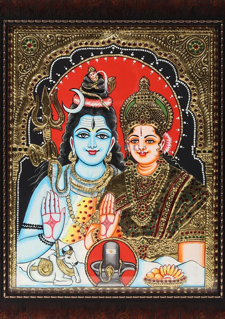 Framed Blessing Shiva Parvati Tanjore Painting Divine Artwork