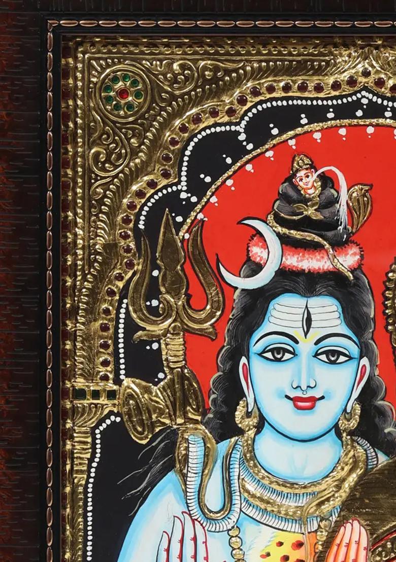 Framed Blessing Shiva Parvati Tanjore Painting Divine Artwork