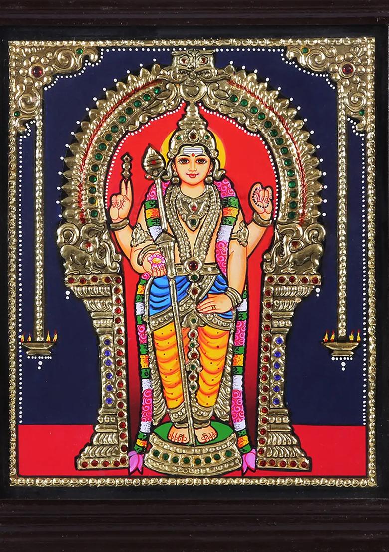 Lord Karttikeya Murugan Tanjore Painting With Teakwood Frame 24K Gold Work