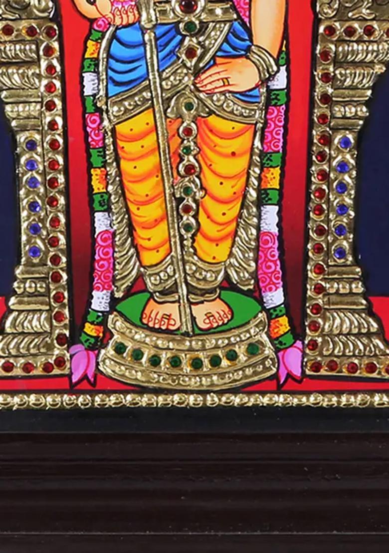 Lord Karttikeya Murugan Tanjore Painting With Teakwood Frame 24K Gold Work