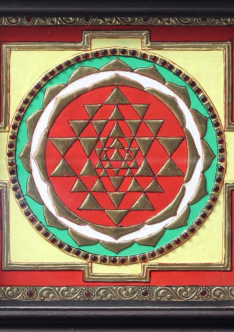 Shree Yantra Tanjore Painting With Teakwood Frame Indian Geometric Art