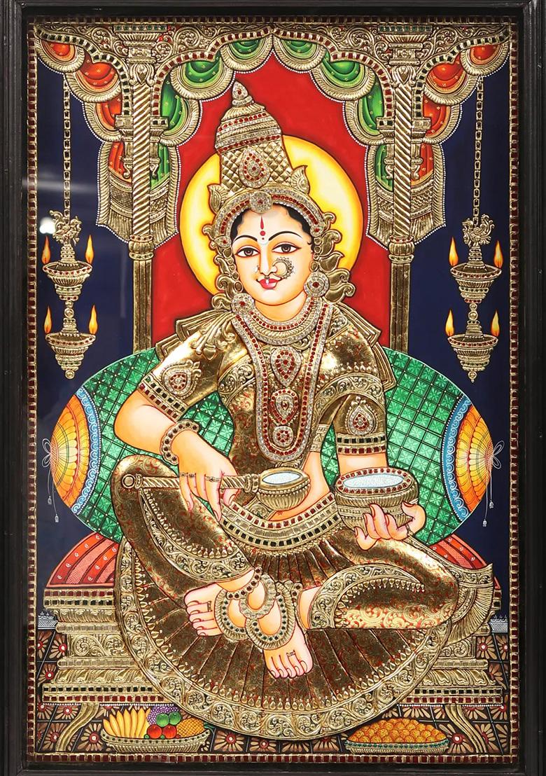 Goddess Annapurna Embossed Tanjore Painting Indian Divine Art