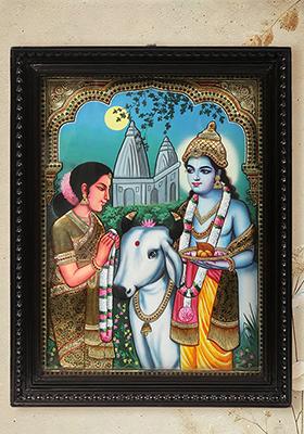 Lord Venkateshvara As Balajitanjore Painting With 24K Gold Teakwood Frame