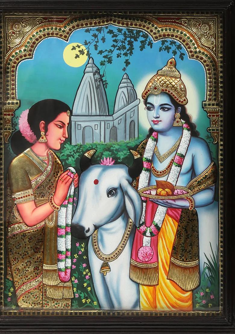 Lord Venkateshvara As Balajitanjore Painting With 24K Gold Teakwood Frame