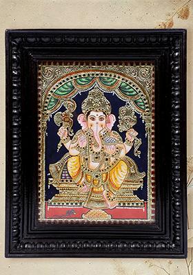 Chaturbhuja Lord Ganesha Tanjore Painting With 24 Karat Gold Work Indian Art