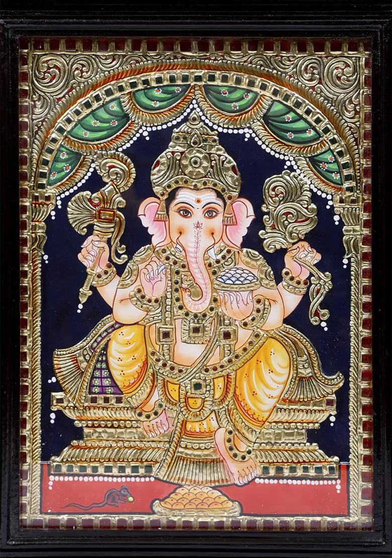 Chaturbhuja Lord Ganesha Tanjore Painting With 24 Karat Gold Work Indian Art