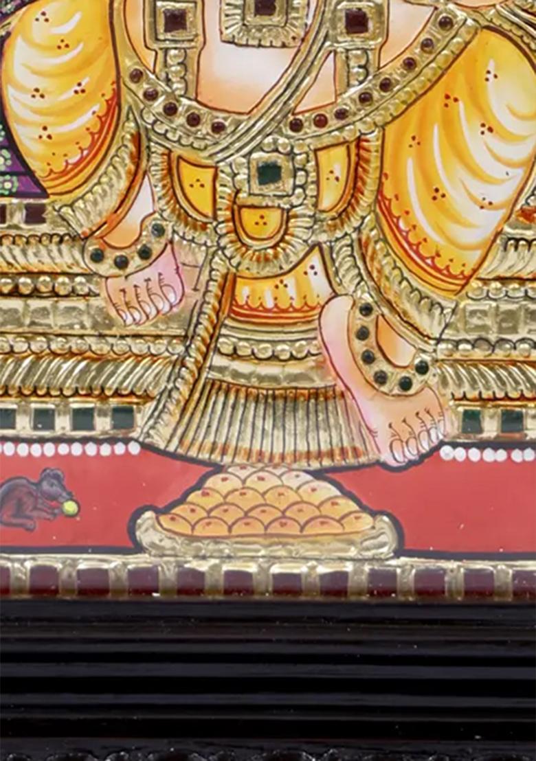 Chaturbhuja Lord Ganesha Tanjore Painting With 24 Karat Gold Work Indian Art