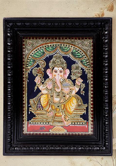 Chaturbhuja Lord Ganesha Tanjore Painting With 24 Karat Gold Work Indian Art