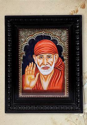 Blessing Sai Baba Tanjore Painting With 24 Karat Gold Work Indian Spiritual Art