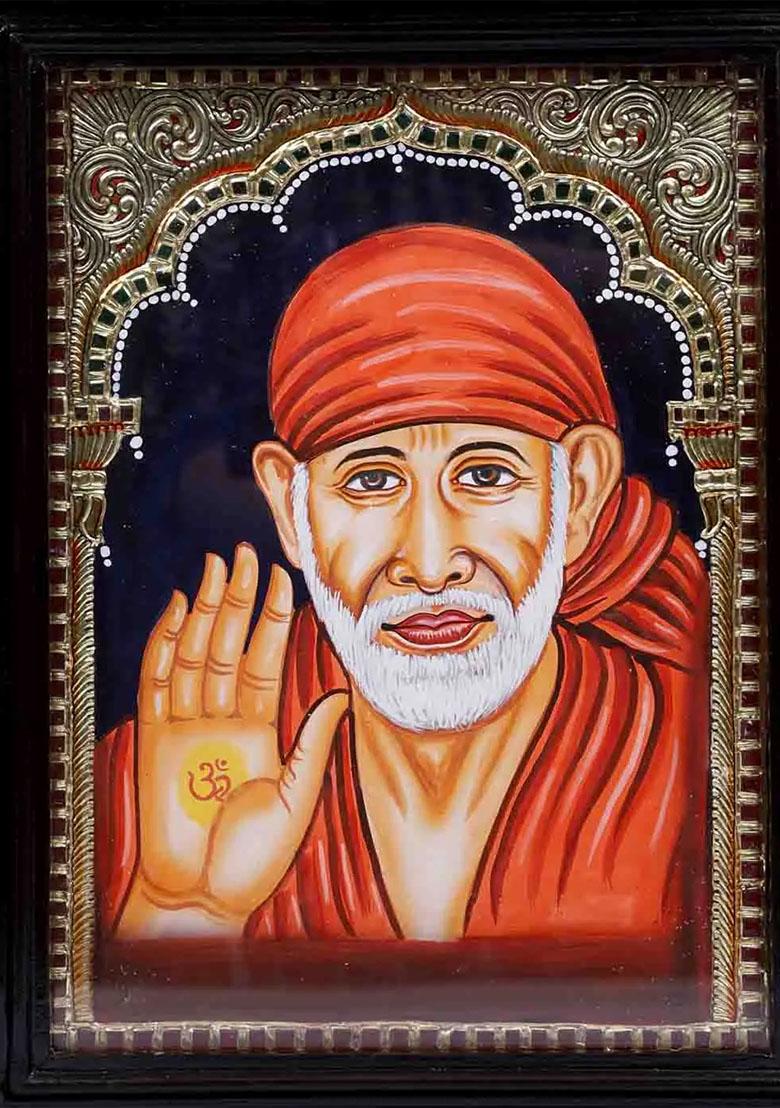 Blessing Sai Baba Tanjore Painting With 24 Karat Gold Work Indian Spiritual Art