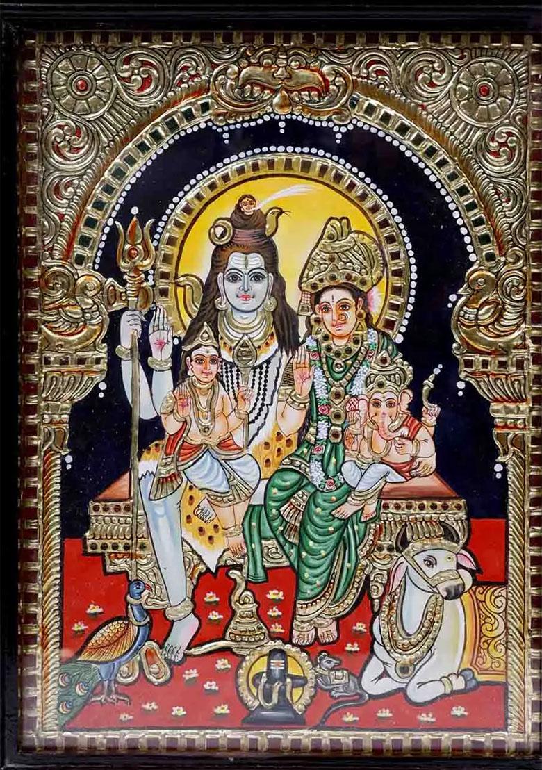 Lord Shiva Family Tanjore Painting With 24 Karat Gold Work Indian Divine Art