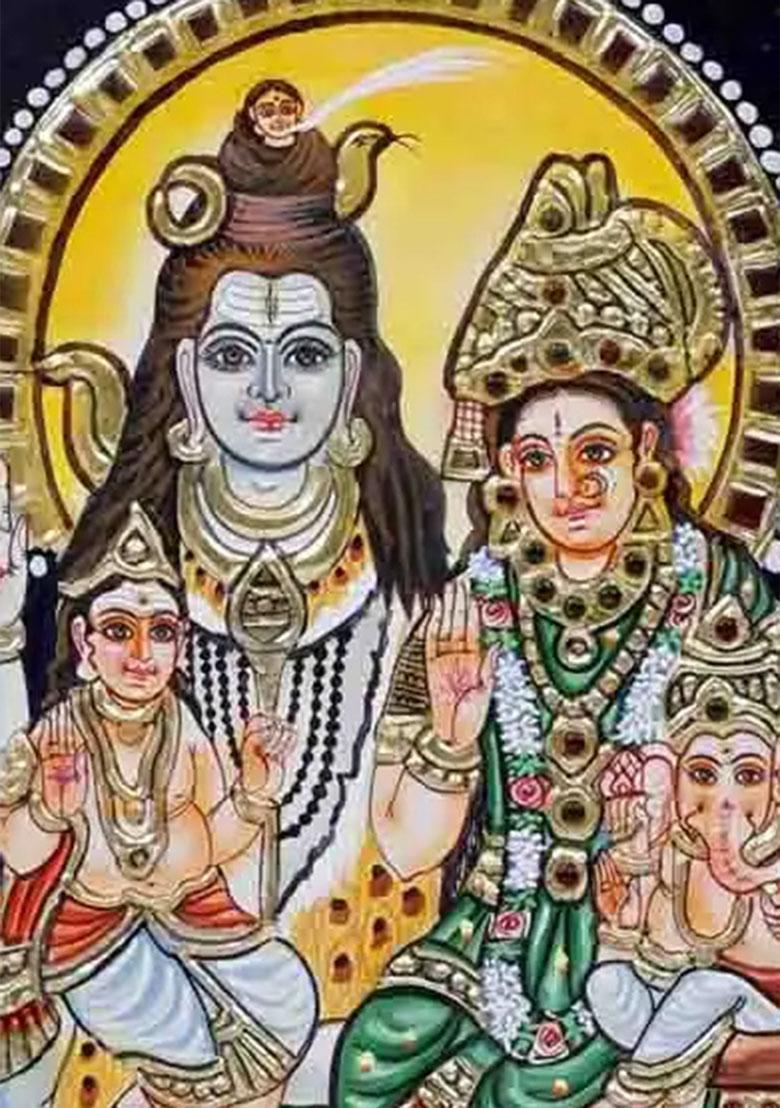 Lord Shiva Family Tanjore Painting With 24 Karat Gold Work Indian Divine Art