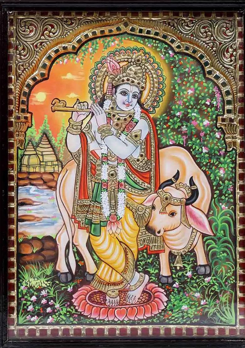 Venugopal Krishna With Cow Tanjore Painting 24 Karat Gold Work Indian Art
