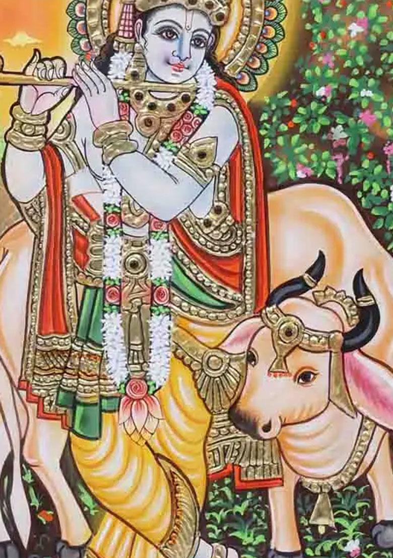 Venugopal Krishna With Cow Tanjore Painting 24 Karat Gold Work Indian Art