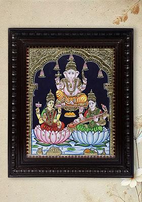 Lakshmi Ganesha Saraswati Tanjore Painting With 24 Karat Gold Work Indian Art