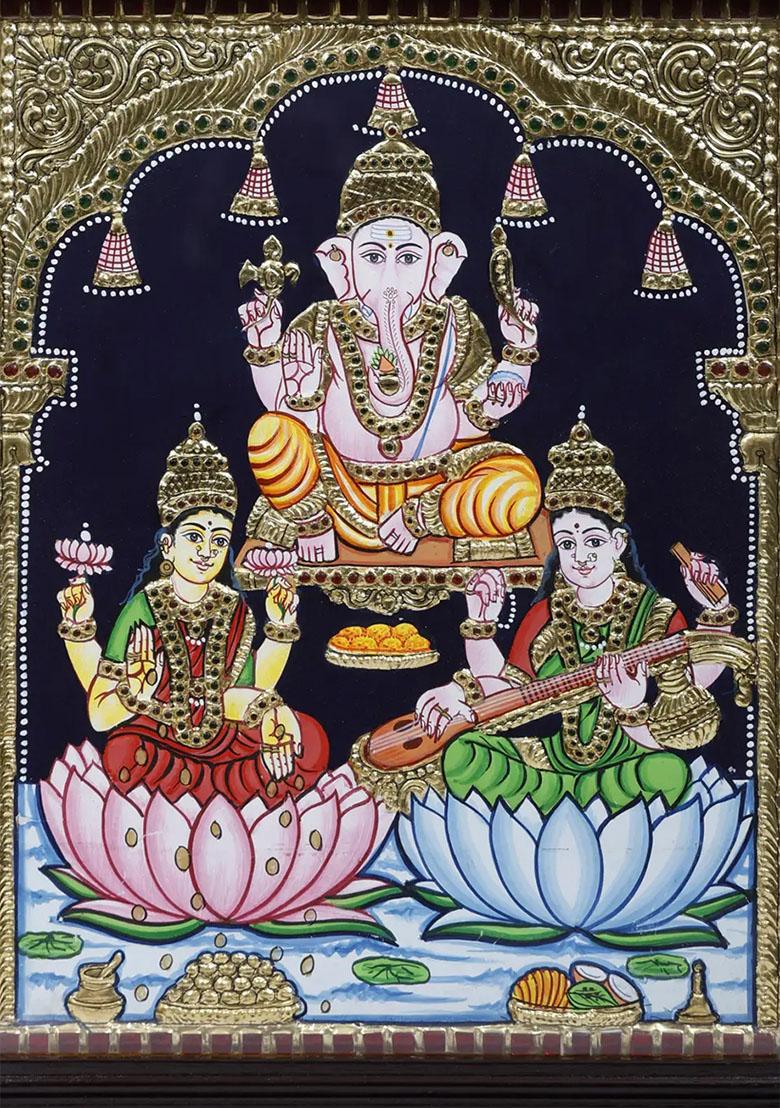 Lakshmi Ganesha Saraswati Tanjore Painting With 24 Karat Gold Work Indian Art