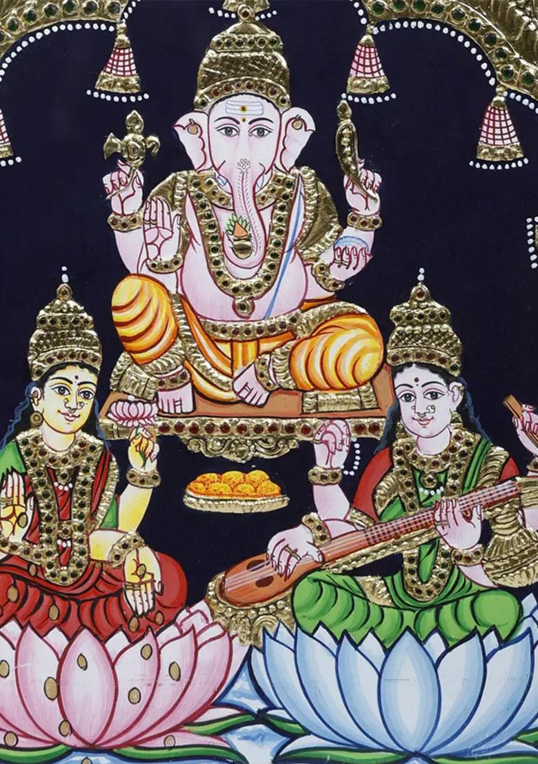 Lakshmi Ganesha Saraswati Tanjore Painting With 24 Karat Gold Work Indian Art