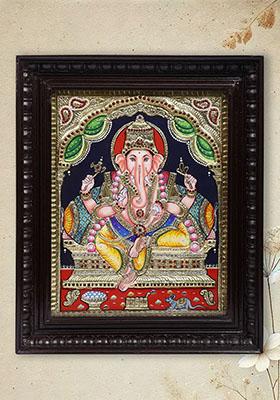 Chaturbhuja Ganesha Tanjore Painting 24 Karat Gold Work