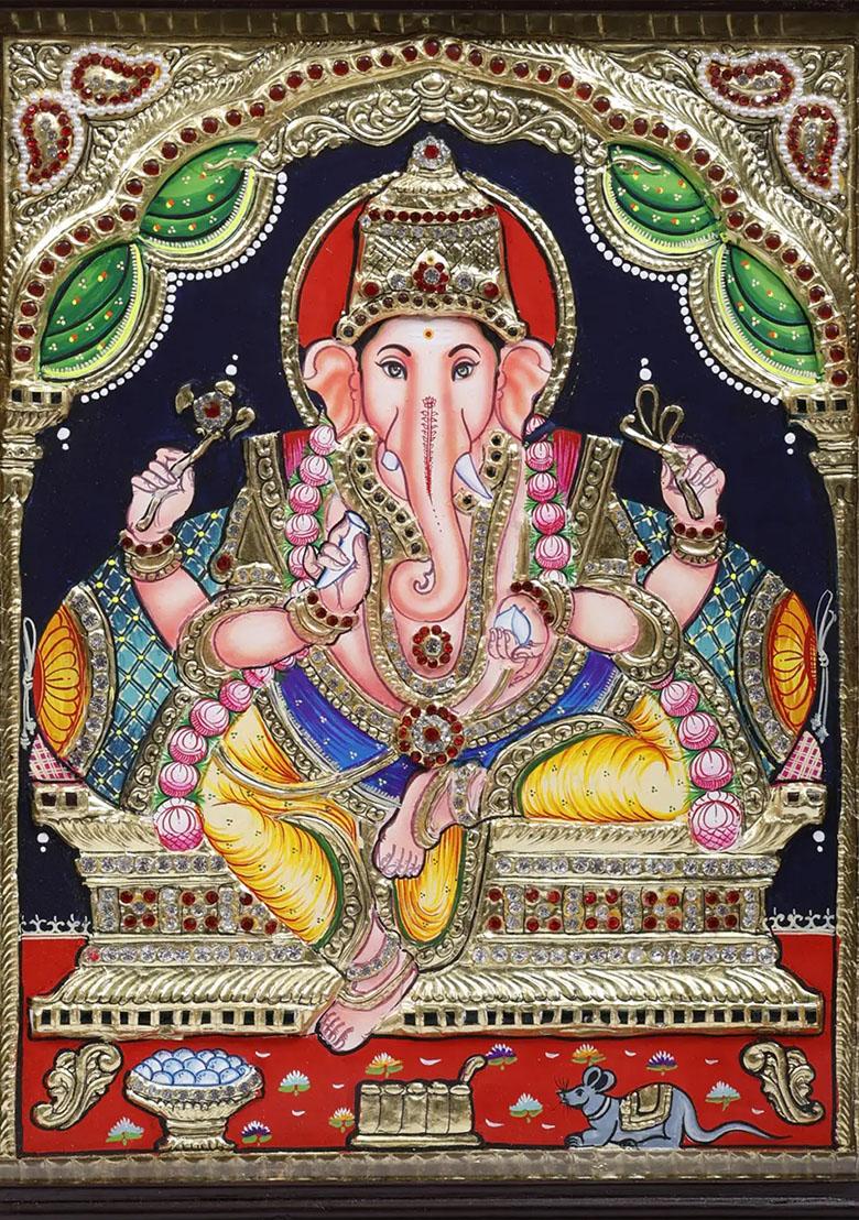 Chaturbhuja Ganesha Tanjore Painting 24 Karat Gold Work