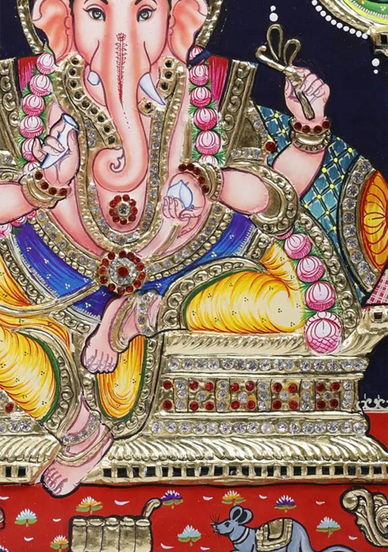 Chaturbhuja Ganesha Tanjore Painting 24 Karat Gold Work