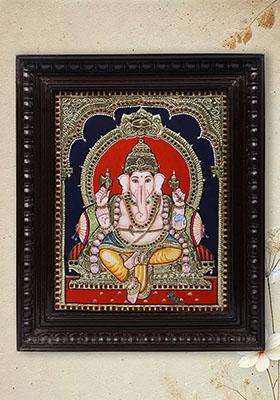 Blessing Lord Ganesha Tanjore Painting With 24 Karat Gold Work Indian Art