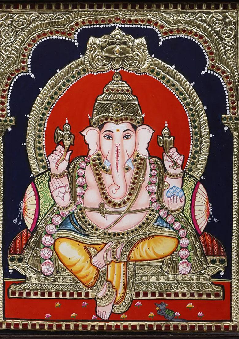 Blessing Lord Ganesha Tanjore Painting With 24 Karat Gold Work Indian Art