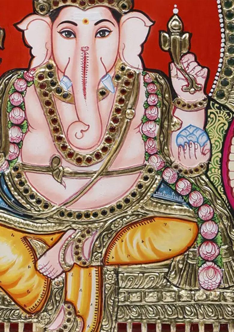 Blessing Lord Ganesha Tanjore Painting With 24 Karat Gold Work Indian Art