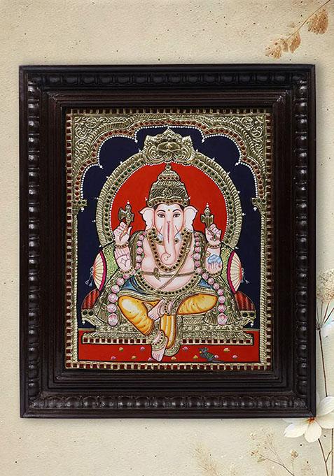 Blessing Lord Ganesha Tanjore Painting With 24 Karat Gold Work Indian Art