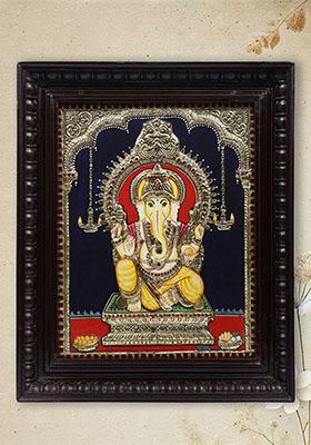 Lord Ganapati Seated On Kirtimukha Throneframed Tanjore Painting With 24K Gold Work