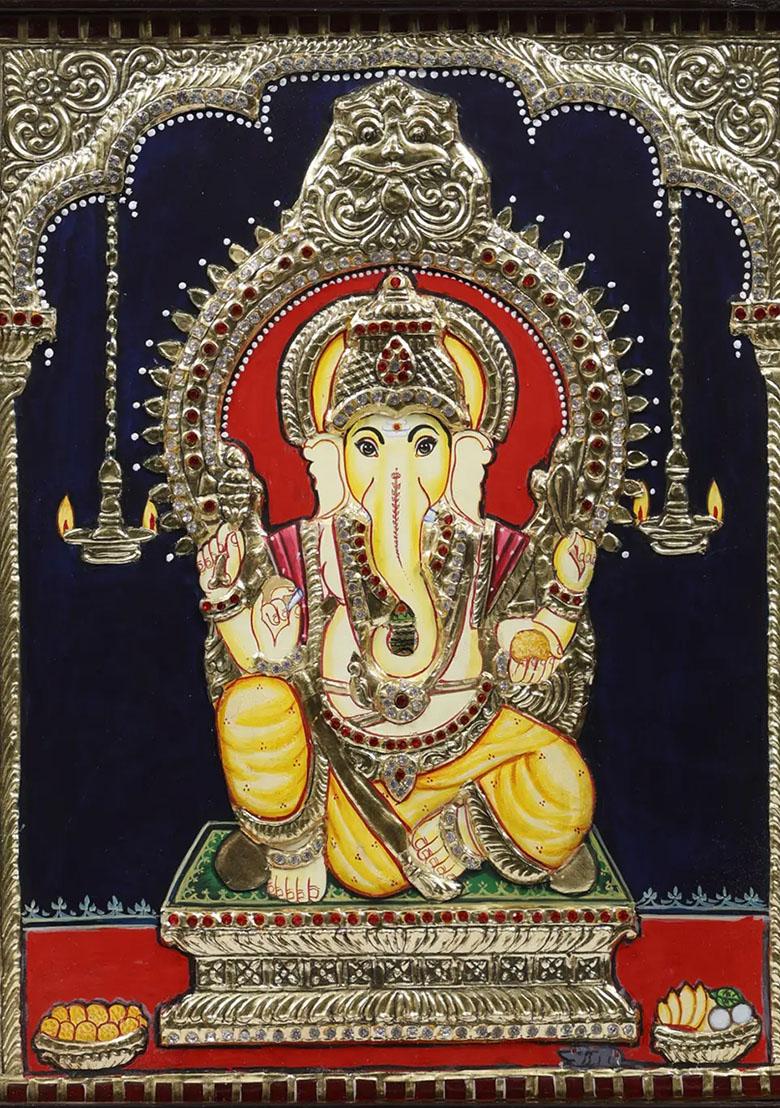 Lord Ganapati Seated On Kirtimukha Throneframed Tanjore Painting With 24K Gold Work