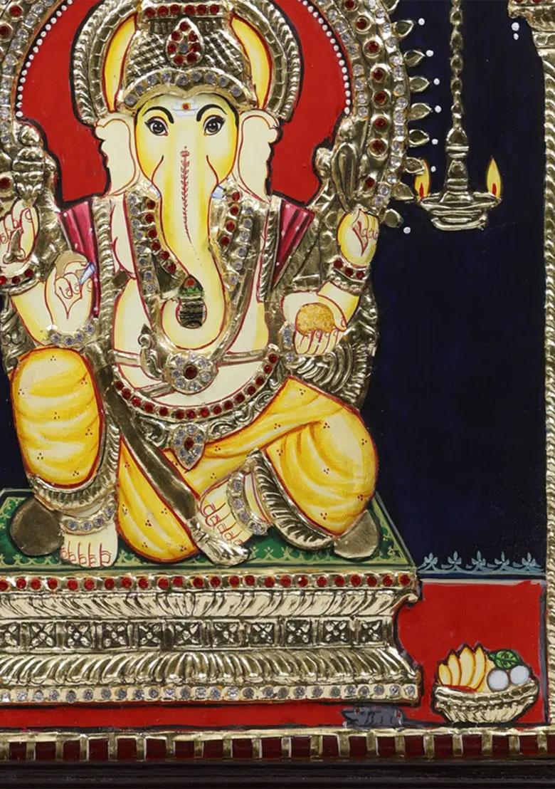 Lord Ganapati Seated On Kirtimukha Throneframed Tanjore Painting With 24K Gold Work