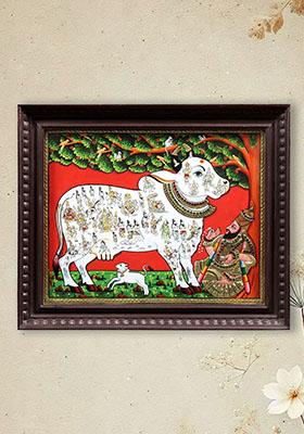 Kamadhenu Cow Tanjore Style Painting Worshipped By Vashishtha Muni